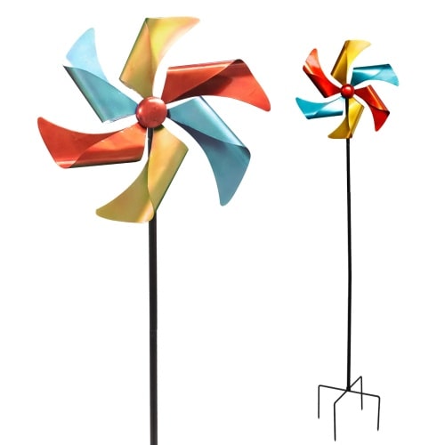 Windrad Windspiel Metall Gartendeko Balkon Terrasse Erdspieß rot gelb petrol : rot, gelb, petrol