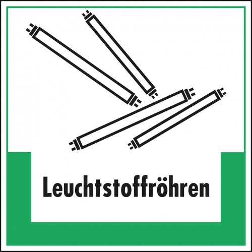 Aufkleber I Abfallkennzeichen Leuchtstoffröhren, Symbol und Text, Folie, selbstklebend, 200x200mm