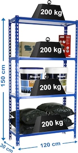 thumbnail of SimonRack Metallregal, 1500x1200x300 mm, 4 Ebenen, Metallboden, 200 kg Biegepunkt, Blau/Weiss - Simonclick