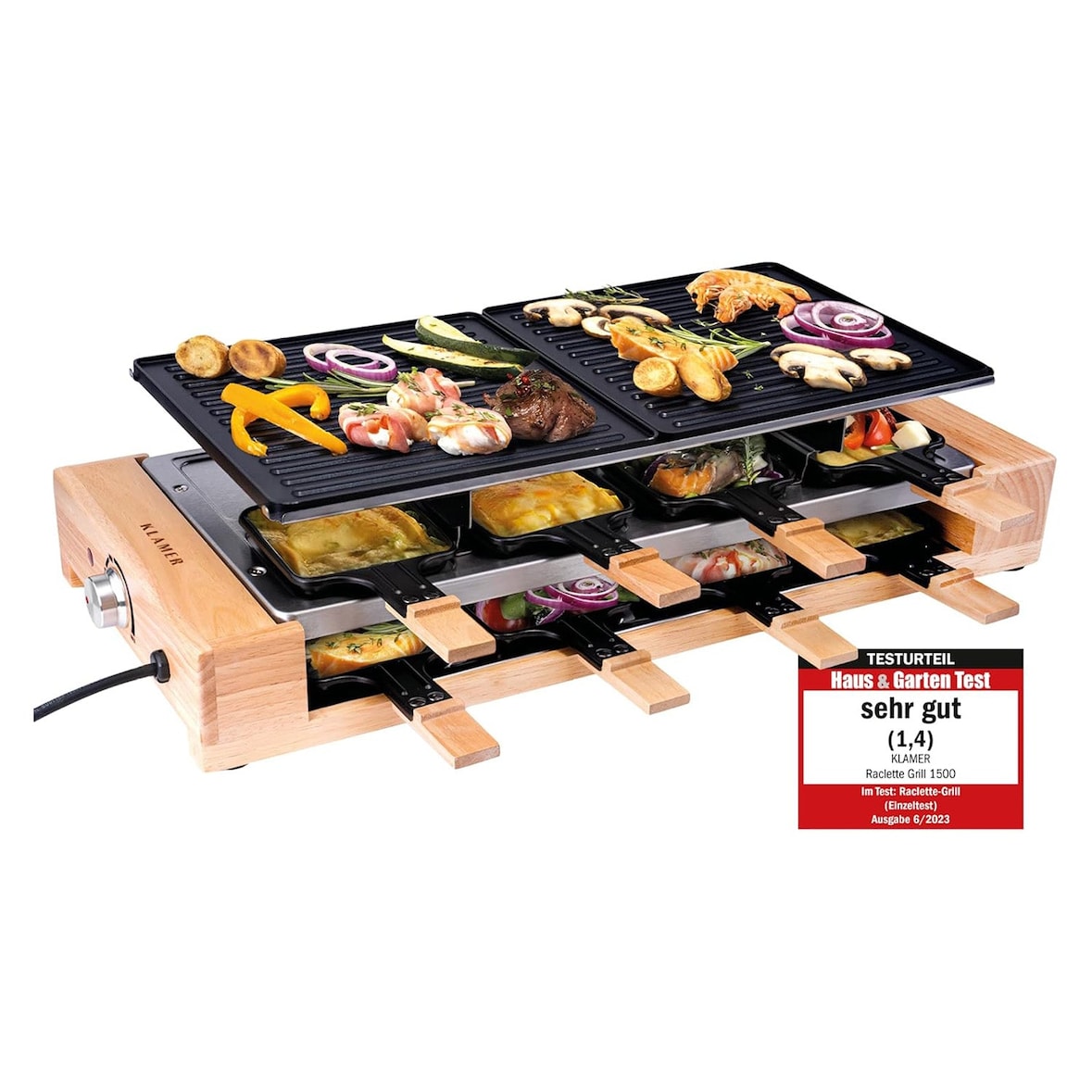 KLAMER Raclette 8 Personen, 1500W Raclette Grill mit Holzgestell, Raclette mit antihaftbeschichteter Grillplatte, Tischgrill elektrisch