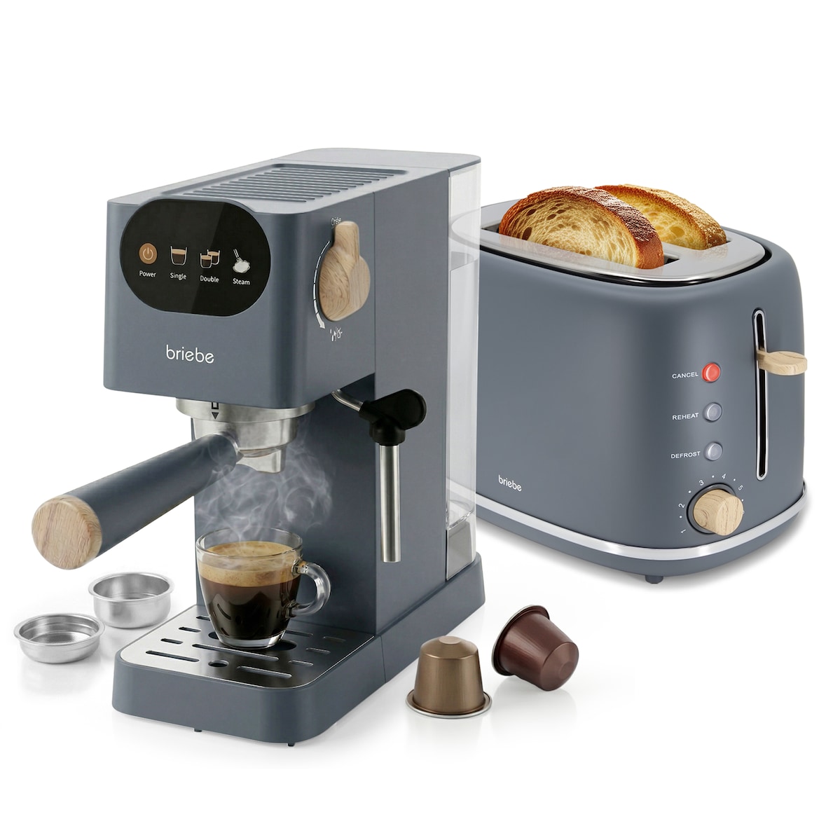 Nordic Set Cafetera 20 Bares Cápsulas, Café Molido Espumador Leche Tostadora 2 Rebanadas Anchas, Briebe, SKT1221GRY, Gris
