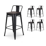 thumbnail of Set de 4 Taburetes de Bar de Metal Negro Mate Estilo Industrial con Respaldo y Asiento de Madera Oscura - Altura 66cm