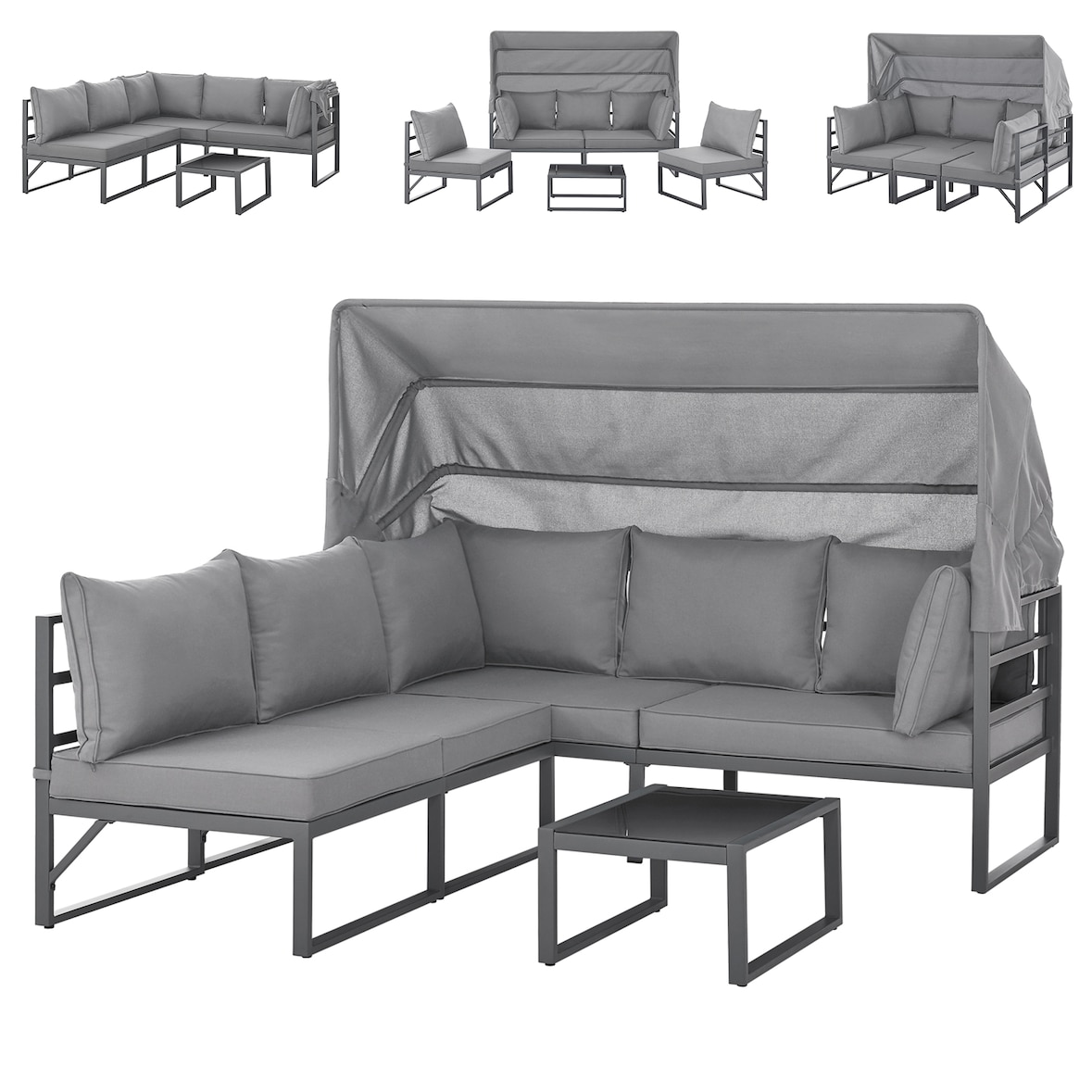 SVITA MAUI Gartenmöbel-Lounge-Set mit Dach Outdoor-Sofa Strandkorb-Sonneninsel Stahl Hellgrau