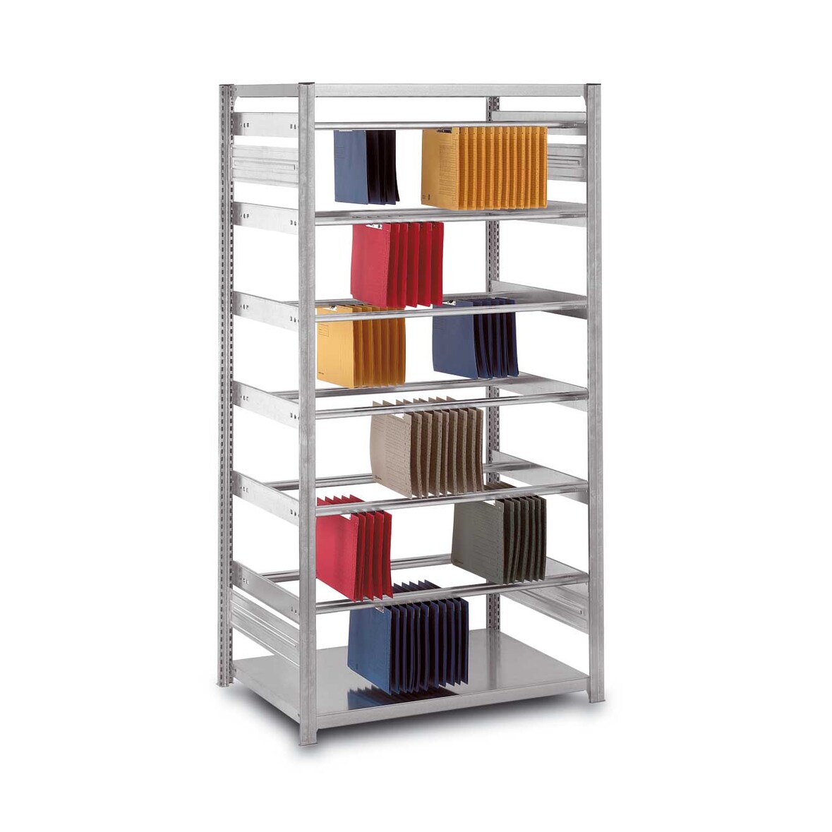 PROREGAL Pendelhefter-Regal doppelseitig Stecksystem T-Profil | HxBxT 300x100x80cm | 9 Ebenen | Fachlast 40kg | Pendelsystem Zippel | Verzinkt