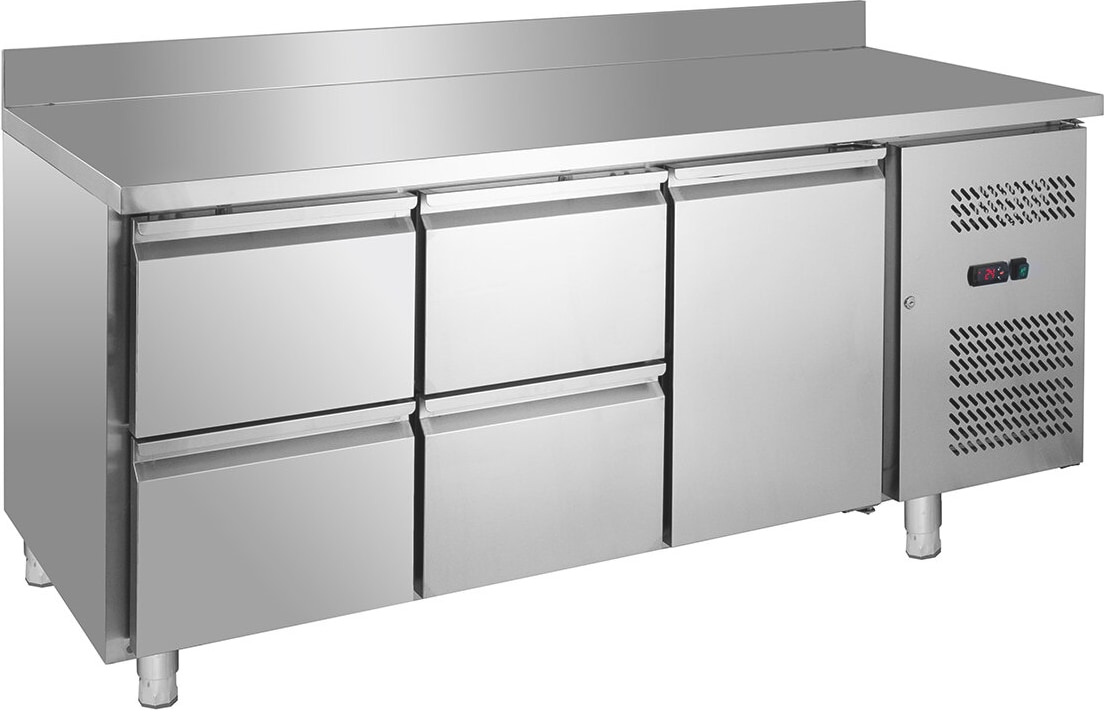 GastroHero Kühltisch Edelstahl GN 1/1 mit Aufkantung 1 Tür 4 Schubladen Umluftkühlung -2 °C bis +8 °C 230 V Profi Gastronomie 1800x700x850 mm