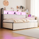 thumbnail of Multifunktions-Einzelbett 90x200 cm mit Stauraum, ausziehbarem Schreibtisch, Steckdosen, Schubladen, minimalistisches Design, Weiß