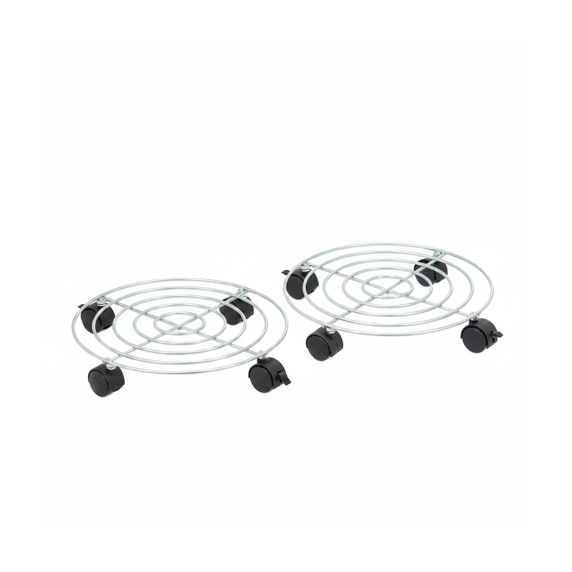 Relaxdays Pflanzenroller, 2er Set, Ø 32 cm, Blumentopfuntersetzer mit Rollen, Stahl, Blumenroller für innen, silber