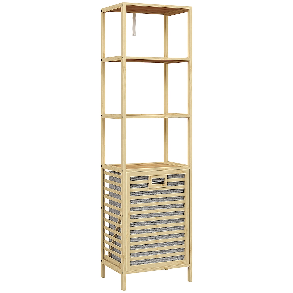 Estantería de baño de bambú estantería de almacenaje mueble de baño con 3 estantes y 1 cesto para ropa sucia desmontable 44x33x160 cm natural