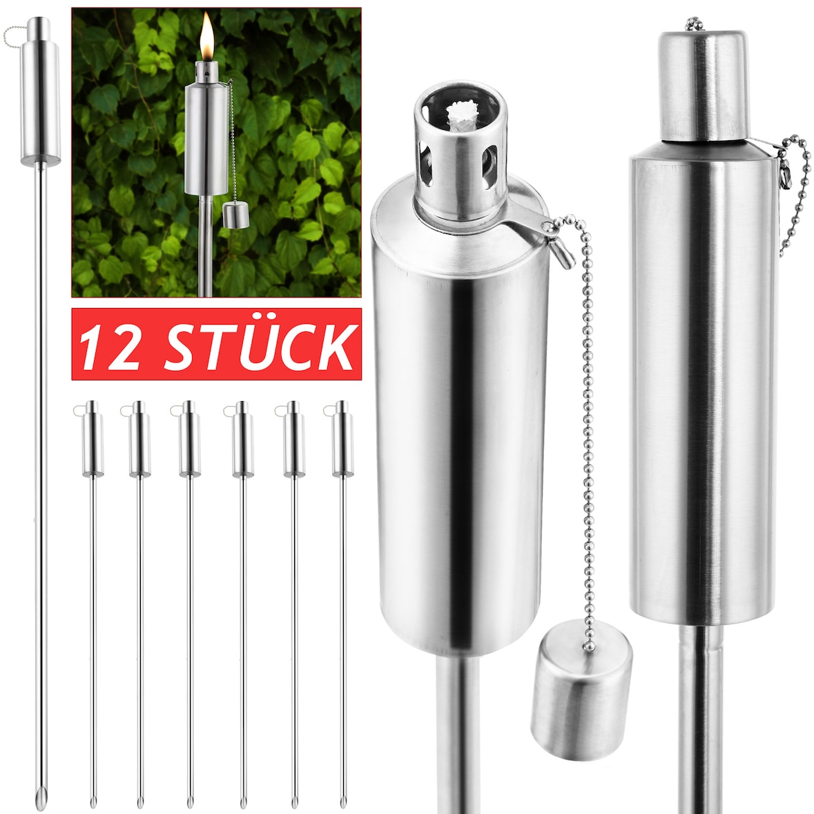 GARDEBRUK® Gartenfackel Öl 12er Set 330ml Edelstahl Rostfrei 115cm Hoch Fackeln Ölfackeln Garten Draußen