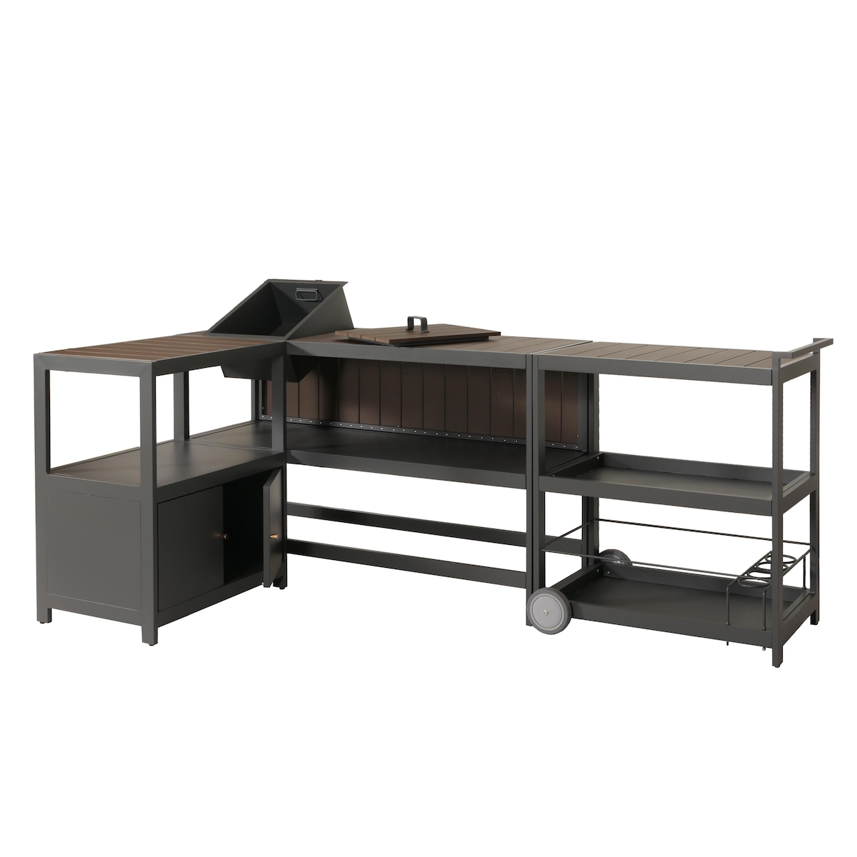 Mendler Aluminium Outdoor-Küche 3-teilig HWC-M64, Außenküche Garten Servierwagen Eiskübel Schrank ~ anthrazit, dunkle Holzoptik