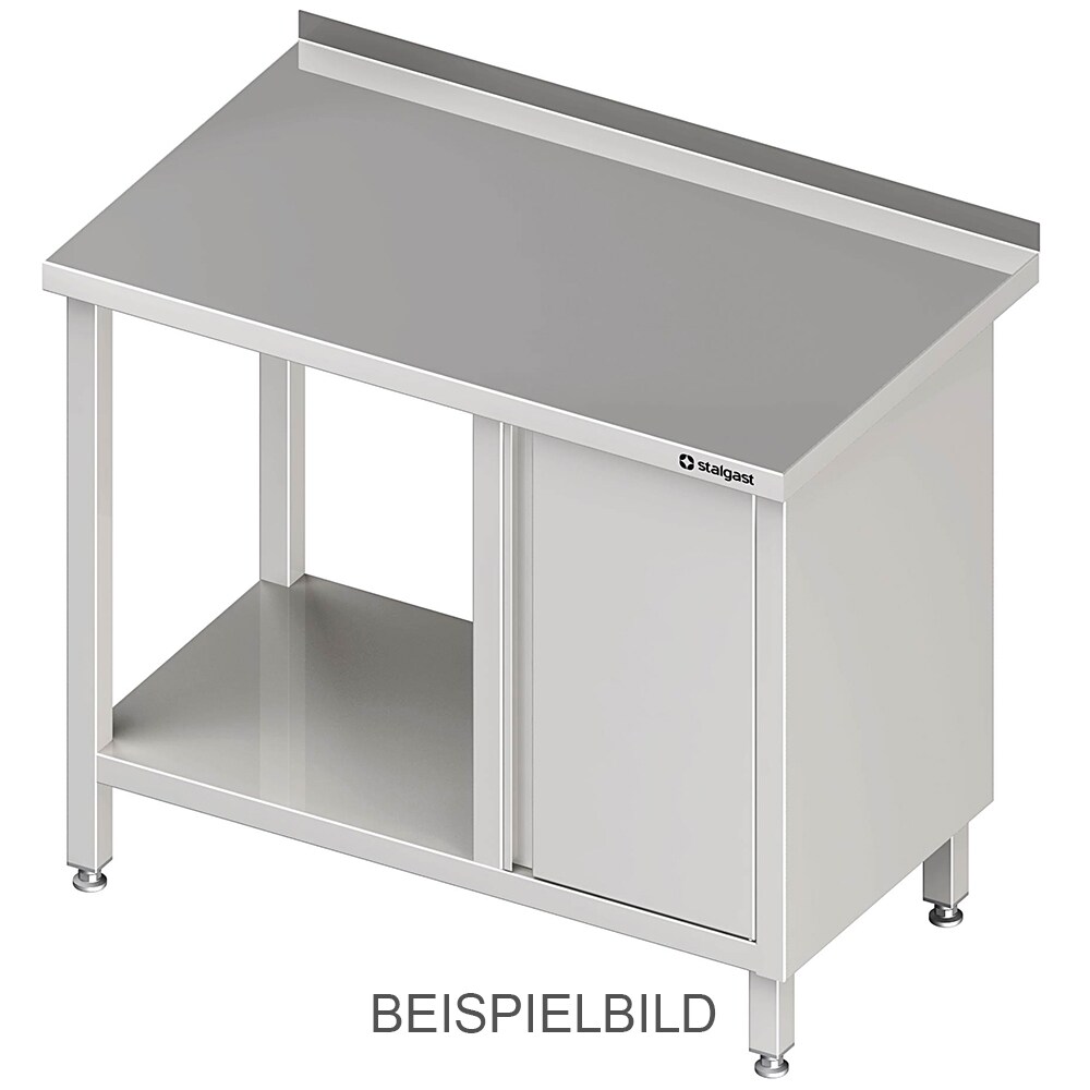 Stalgast Edelstahl Arbeitstisch mit Grundboden, 1300x700x850 mm, mit Flügeltürschrank links, mit Aufkantung, verschweißt