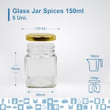 thumbnail of 5 tarros cuadrados de vidrio para especias de 150 ml con tapa + 5 pizarras + tiza - Frascos de almacenamiento para cocina - Especias, mermelada, yogur