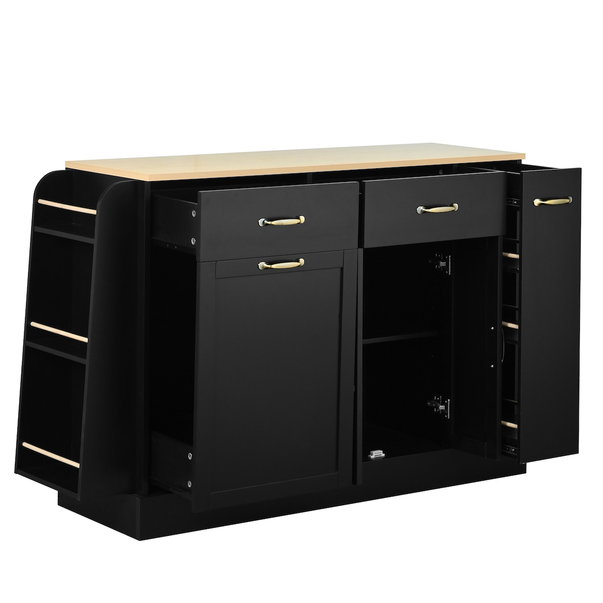 Sideboard 134x40x86 cm Schwarz mit Arbeitsplatte Holzoptik, offenen Regalen, Schrankfächern und Metallgriffen, modern für Küche Esszimmer