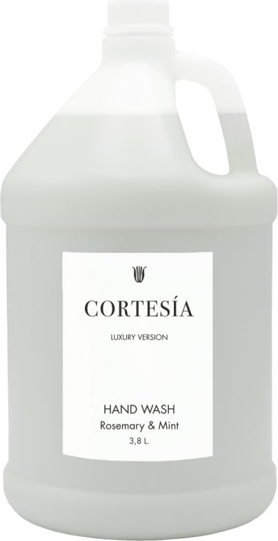 Cortesía Handseife Kanister 3.8L, transparentes Produkt, Kräuterduft, halbtransparenter Behälter zur Füllstandskontrolle.