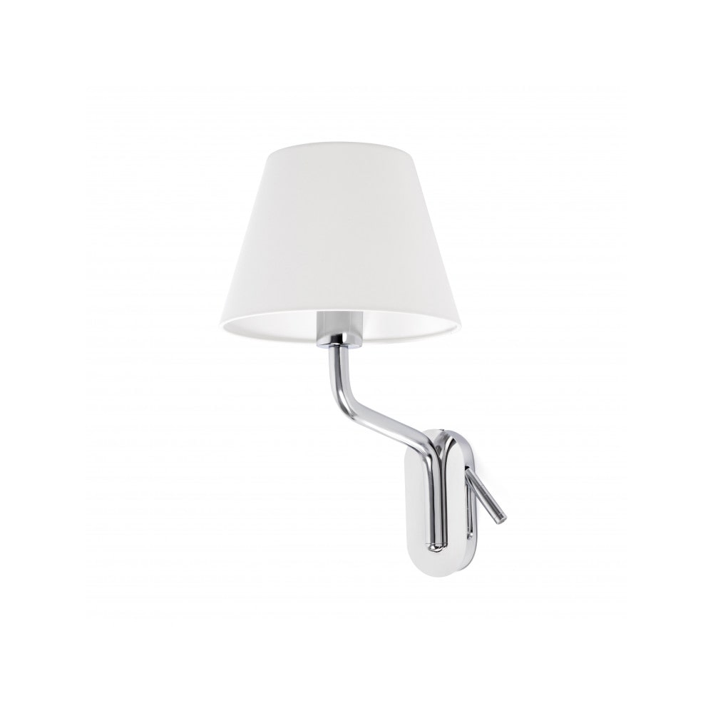 eterna links, chromen wandlamp met led-lezer en witte lampenkap, Faro Barcelona