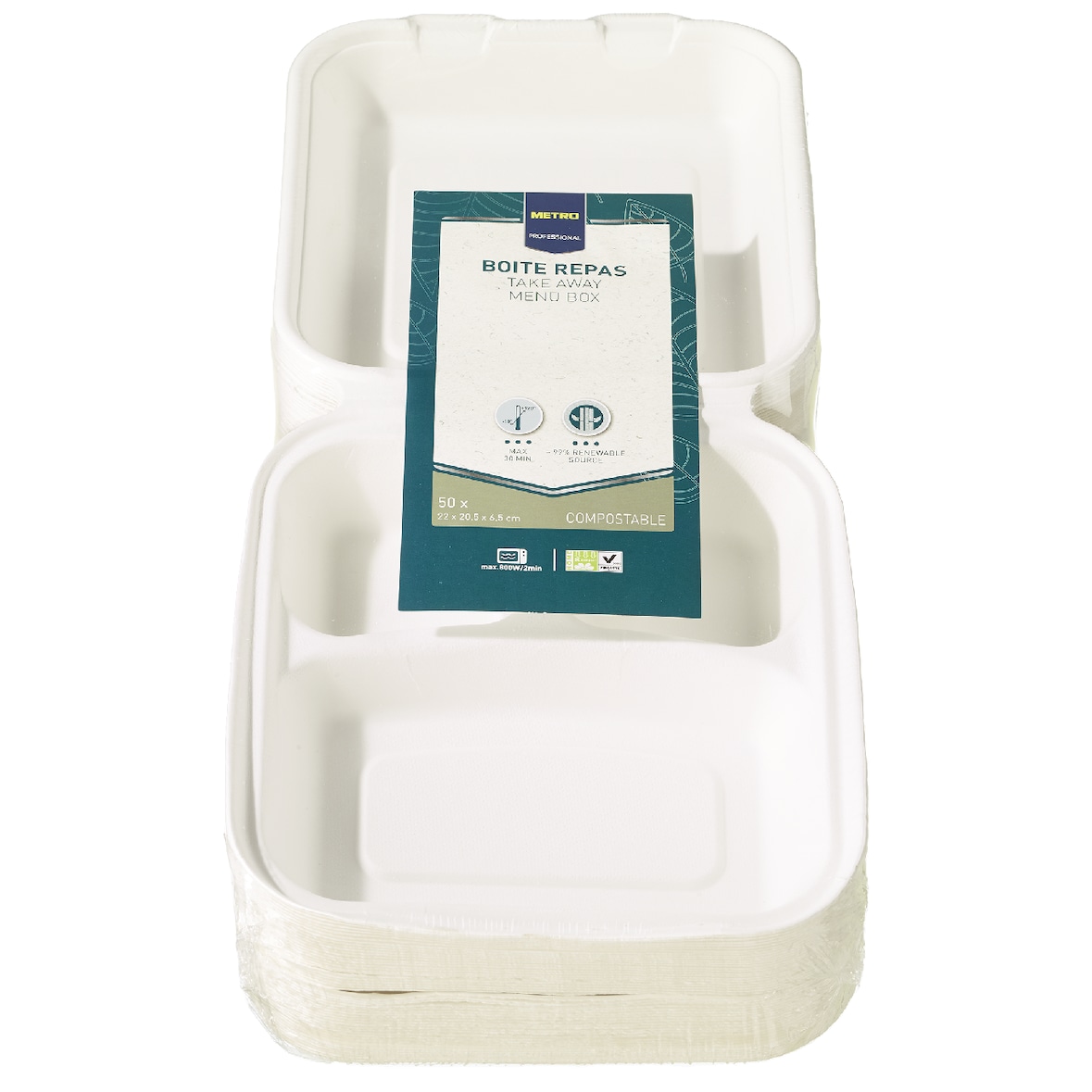 METRO Professional Menübox 3-geteilt, Bagasse, kompostierbar, 24 x 16.5 x 6.5 cm, Cremeweiß, 50 Stück