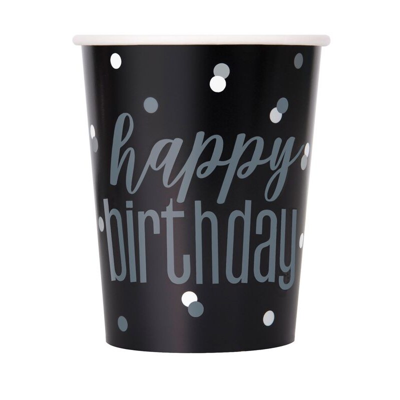 8 Becher Happy Birthday schwarz & silber