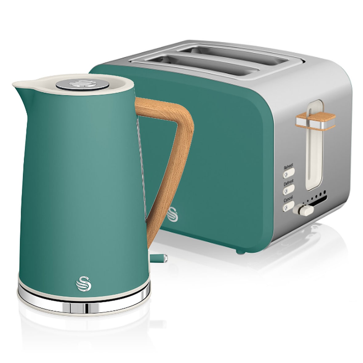 SWAN STP2090GRENEU Set Frühstückskocher, kabellos, 1,7L Toaster Breitschlitz 2 Nordic grün, Grün, 2200W