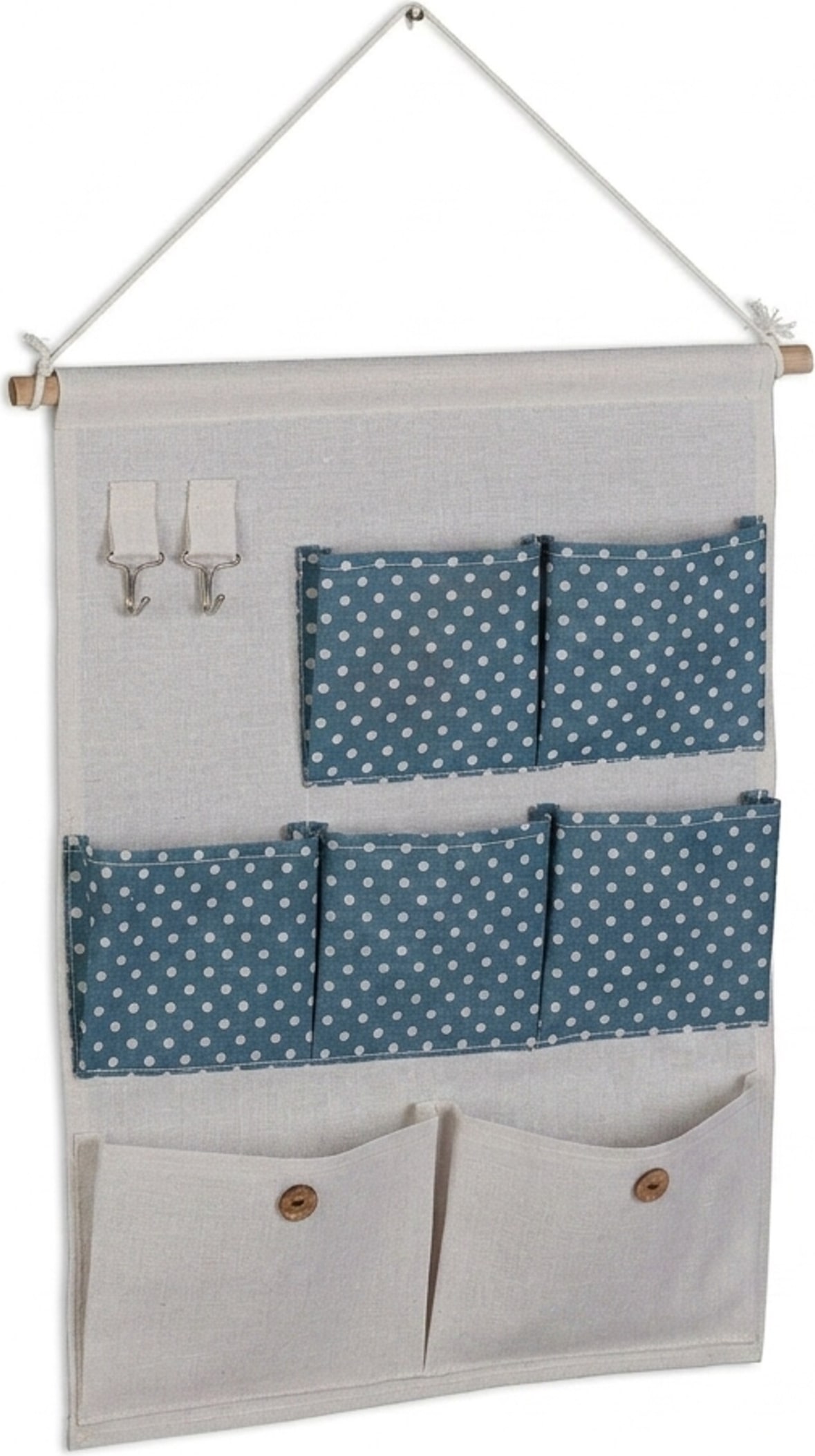 Relaxdays Hängeorganizer, 7 Fächer, 2 Haken, Baumwolle, HxB: 60x39 cm, Bad, Flur, Büro, Organizer zum Hängen, creme/blau