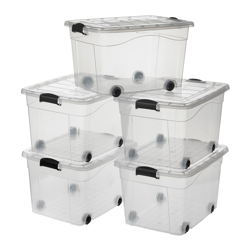 5 Stück Aufbewahrungsbox transparent 60 Liter mit Deckel und Klickverschluss 610 x 450 x 360 mm inkl. Rollen