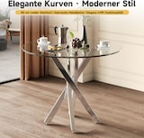 thumbnail of Esstisch rund 80x80x75 cm Silber mit gehärteter Glasplatte und galvanisierten Metallbeinen, kreuzförmiges Gestell, modern und platzsparend