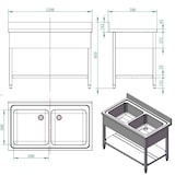 thumbnail of Fregadero industrial con doble pila y estante, acero inoxidable 1200 x 700 mm 10205 Vaiotec