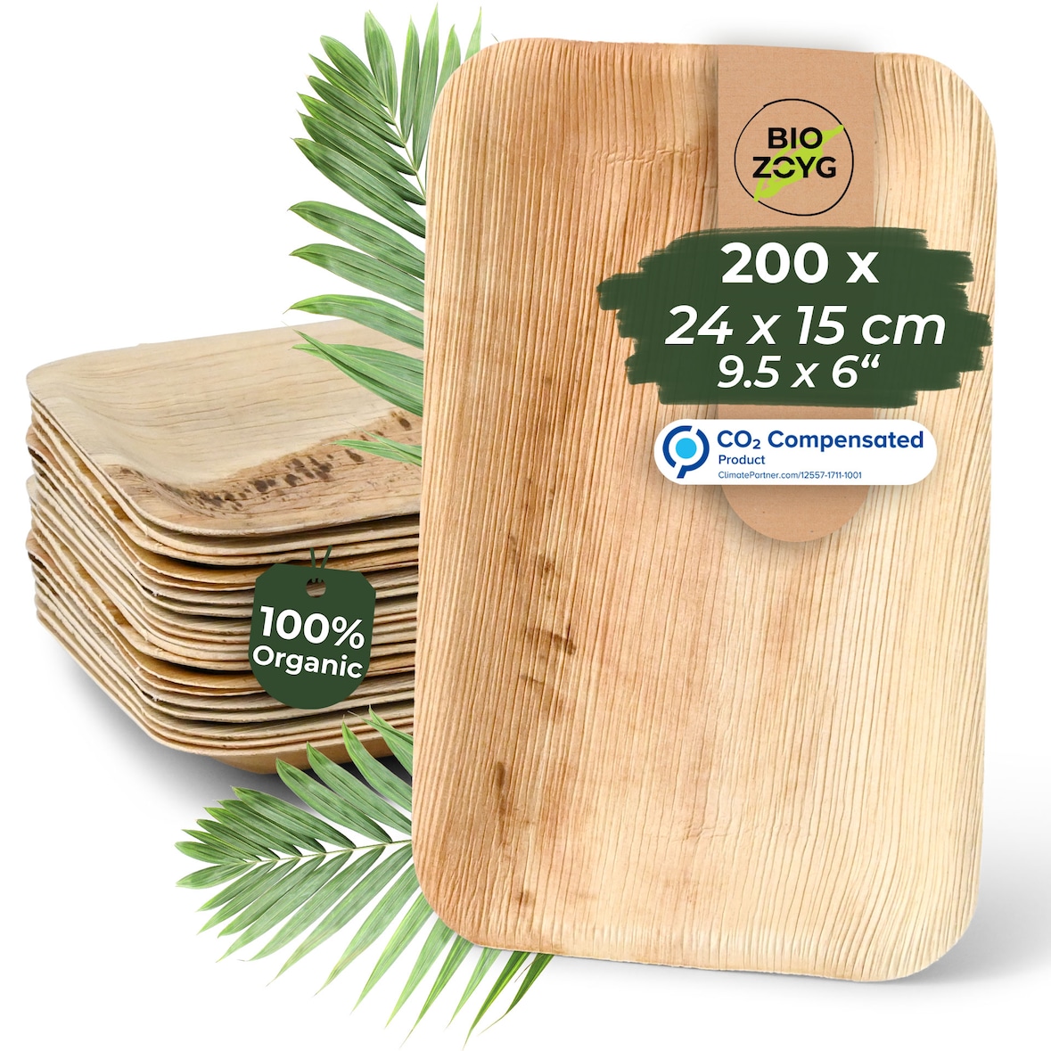 BIOZOYG 200 Stück Einweggeschirr 24x15cm, flach, Palmblatt-Teller rechteckig umweltfreundliche Einwegteller aus Palmenblättern, biologisch abbaubar