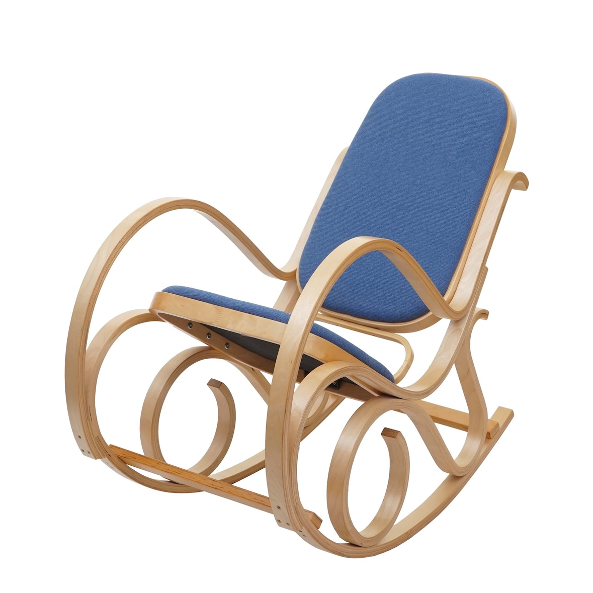 Décoshop26 - Fauteuil à bascule rocking chair en bois clair assise en tissu bleu M10_005506