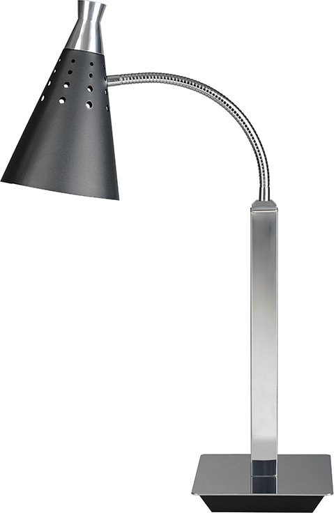 Una lampada nera con braccio flessibile.