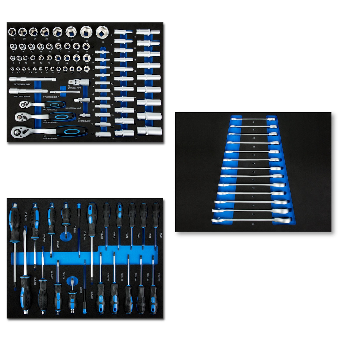 EBERTH Multigereedschapset 114 delen Voor gereedschapswagen, Gelabelde schuimrubberen inzetstukken, Hard metaal, Ergonomische handgrepen, Voor 3 laden