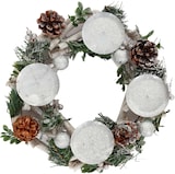 thumbnail of Adventskranz HWC-M12, Adventsgesteck Tischkranz Weihnachtsdeko Tischdeko Holz silber weiß Ø 30cm ~ ohne Kerzen