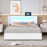 thumbnail of Merax Polsterbett 140x200 Bett mit LED-Lichtleiste, Bluetooth-Player und USB-Aufladung, Stauraumbett aus PU-Leder, Doppelbett Weiß