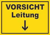 thumbnail of Vorsicht Leitung mit Richtungspfeil unten Schild A4 Rückseite selbstklebend