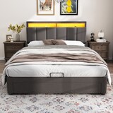 thumbnail of Stylisches LED-Bett 140x190 mit Leinenoptik – Graues Polsterbett mit verstellbarer Beleuchtung, Lattenrost stabiler MDF-Rahmen Grau