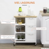 thumbnail of Küchenwagen Rollwagen mit 3 Schubladen 84x67x37 cm Weiß mit Tablett Arbeitsplatte aus Kiefernholz offenen Regalen Rollen mit Bremsen