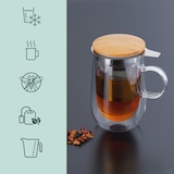 thumbnail of Relaxdays Teeglas, mit Edelstahl-Sieb, Bambusdeckel, Henkel, Volumen 430 ml, doppelwandige Teetasse, transparent/natur