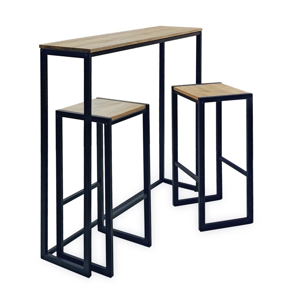 Conjunto Mesa Alta Eco-Line 118x30x110cm y 2 taburetes Negro en madera maciza de pino acabado envejecido estilo Industrial Box Furniture