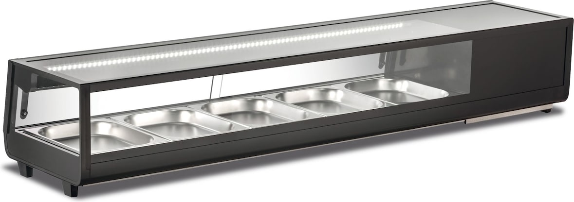 Gekühlte Sushi-Vitrine. Led-Leuchten. Digitales Thermometer. Automatische Abtauung. Temperatur 0°C/+6°C. Abmessungen BxTxH 180x40,6x31,8 cm. SUSHI180