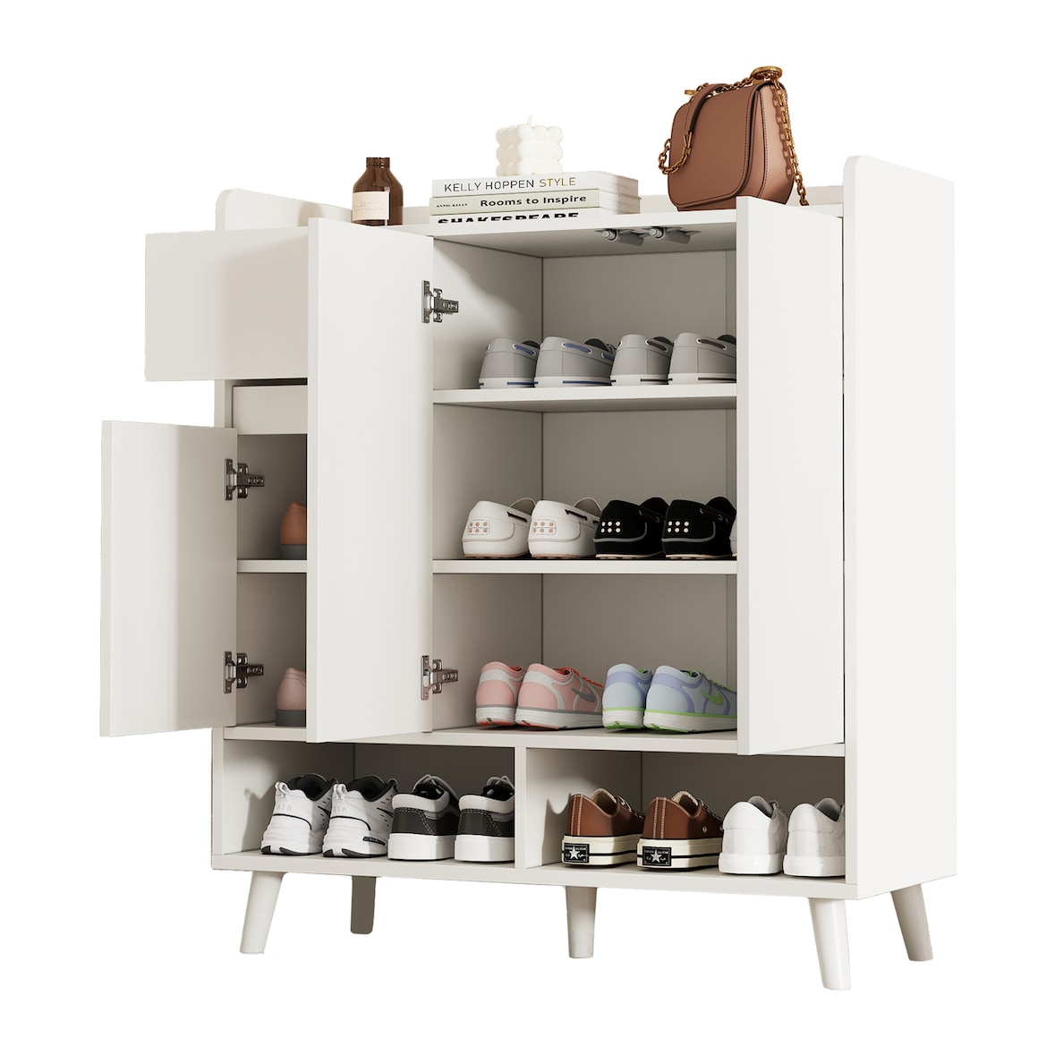 Schuhschrank Kommode 90x35x99 cm Weiß mit verstellbaren Regalböden, Massivholzbeinen, moderner Home Organizer, Flur & Wohnzimmer