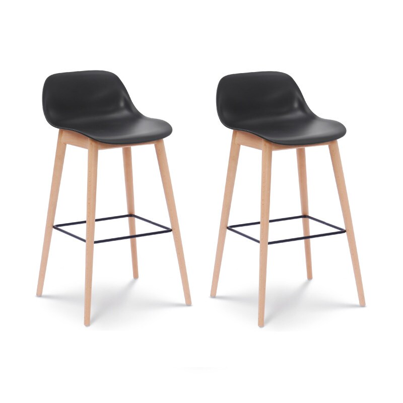 Set di 2 sgabelli da bar neri in stile scandinavo con gambe in legno naturale - Altezza 66 cm