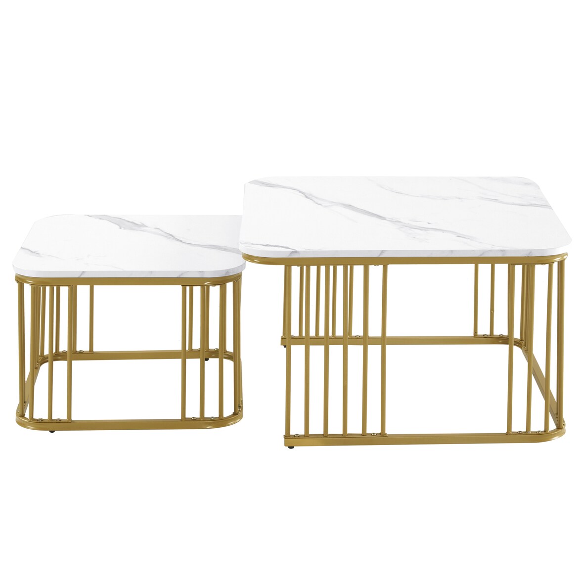Merax 2er Set quadratische Hochglanz-Marmoroptik-Couchtische, ineinander schiebbare Tische mit goldenen Beinen, 70x70x45cm und 50x50x36,5cm, Weiß