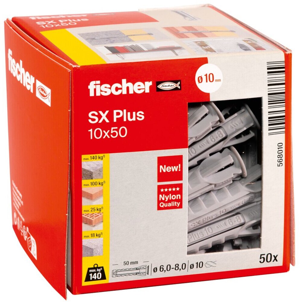 FISCHER Spreizdübel, Ø10x50mm, Kunststoff, Nylon, 70mm, Ø6-8mm, Mit Rand, Geeignet für Gasbeton, Dübel SX