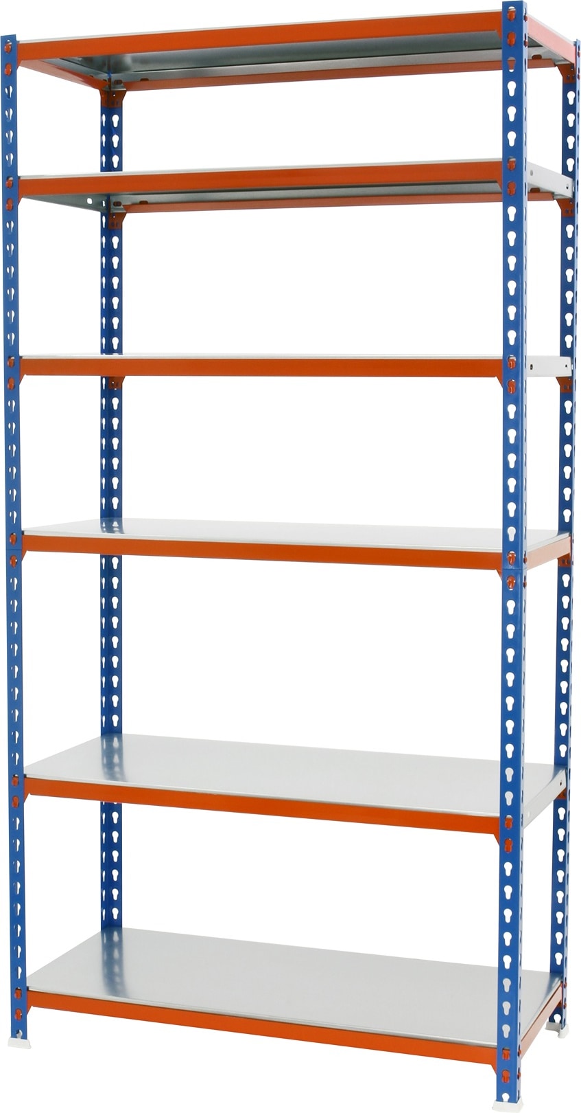 SimonRack Estantería Metálica, 2500x800x300 mm, 6 Alturas, Bandeja Metal, 180 kg de Punto Flexión, Azul/Naranja/Galva - Simonclick