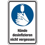 thumbnail of Gebotsschild, Kombischild, Hände desinfizieren nicht vergessen - praxisbewährt - 100x150 mm Folie selbstklebend