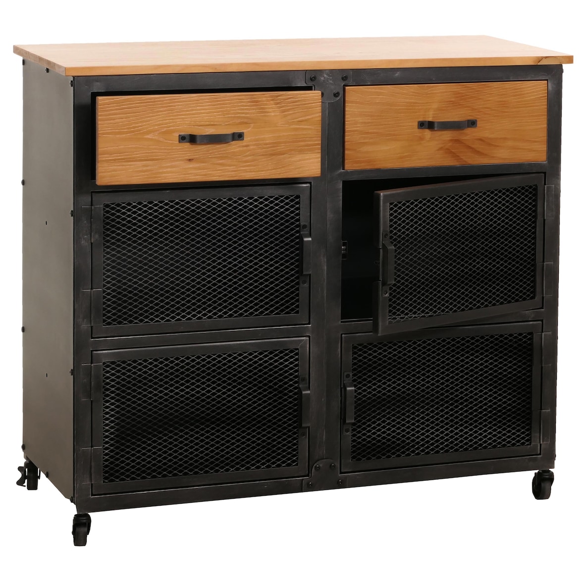 Cómoda HWC-N28, mueble, ruedas 2 cajones, estructura 3D metal industrial retro madera 90x100x40cm ~ negro, natural