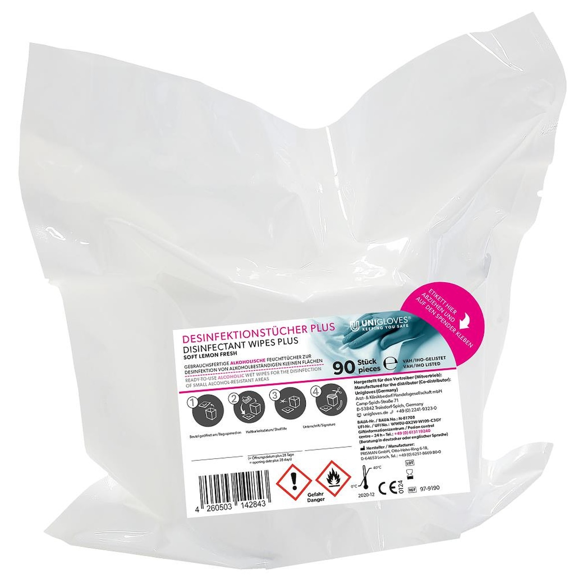 UNIGLOVES Desinfektionstücher Plus-Soft - lemon fresh - 2 x 90 Stück
