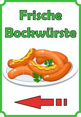 thumbnail of Frische Bockwürste Verkaufsschild Schild hochkant mit Pfeil nach links A3 (297x420mm)
