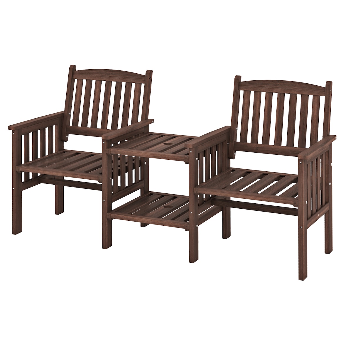 COSTWAY Tuinbank met tafel, 2-zits houten bank met parasolgat, 165 x 60 x 88 cm, bruin