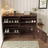 thumbnail of Schmaler Schuhschrank 28x120x92 cm mit 3 Klappen, Katzenspielzeug und Walnussfurnier für Stauraum und stilvolle Aufbewahrung