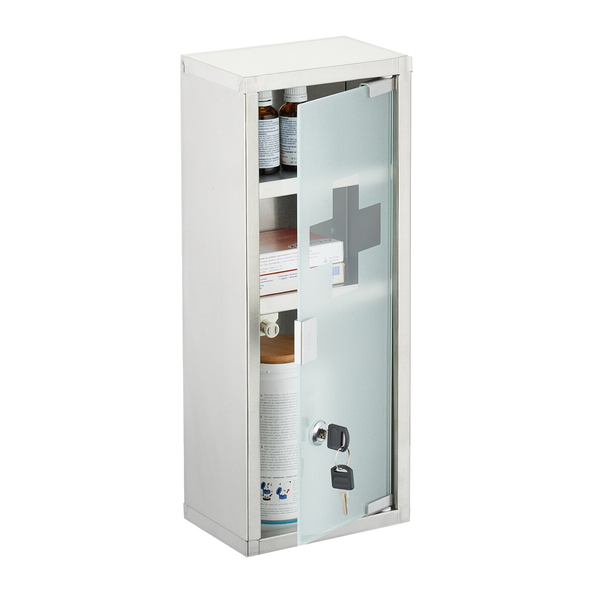 Relaxdays Medizinschrank, 3 Fächer, Edelstahl, Milchglas, Medikamentenschrank, HBT 45x18x12cm, abschließbar, silber